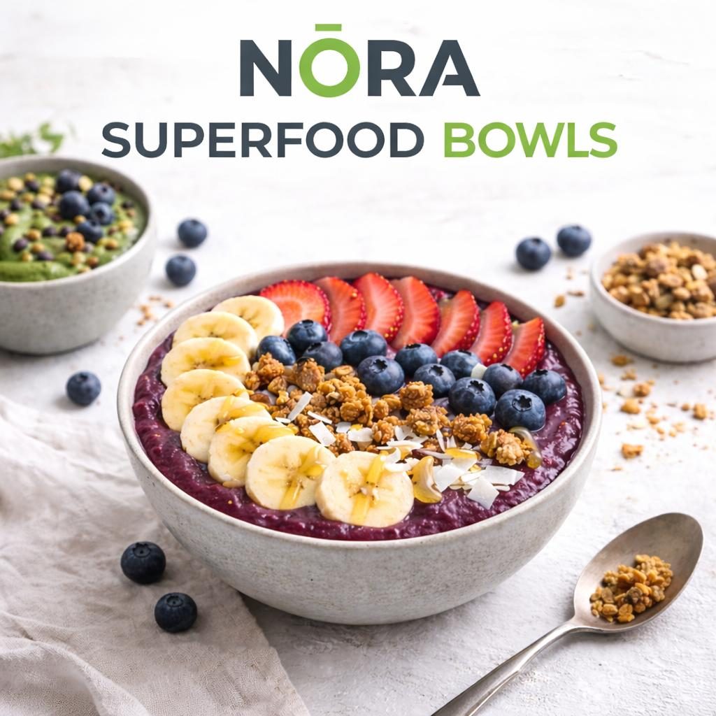 NŌRA Acai Superfood Bowl with banana, blueberries, strawberries and granola