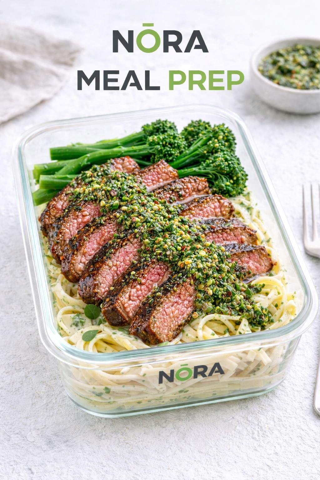 NŌRA Steak & Pesto Meal Prep with broccoli and herb pasta